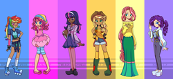 Size: 5870x2666 | Tagged: safe, artist:looji, applejack, fluttershy, pinkie pie, rainbow dash, rarity, twilight sparkle, human, g4, bandaid, bandaid on nose, book, clothes, dark skin, gloves, humanized, line-up, mane six, measuring tape, redraw, roller skates, suspenders, winged shoes