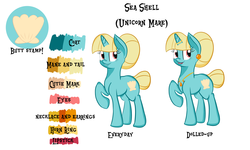 Size: 5000x3000 | Tagged: safe, artist:shelltoon, oc, oc only, oc:sea shell, pony, unicorn, hair bun, horn, horn ring, necklace, nimby's world, reference sheet, solo, tail bun