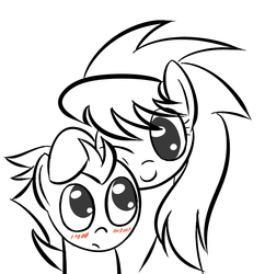 Size: 1094x1128 | Tagged: safe, artist:tggeko, cloudchaser, rumble, pegasus, pony, g4, black and white, blushing, bust, colt, duo, female, grayscale, happy, head rub, male, mare, monochrome, no pupils, one eye closed, portrait, ship:rumblechaser, shipping, simple background, smiling, straight, white background