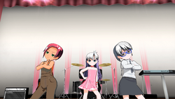 Size: 1920x1080 | Tagged: safe, artist:starhedgehog55, babs seed, diamond tiara, silver spoon, human, g4, belt, clothes, dance x mixer, dress, glasses, humanized, musical instrument, overalls, skirt, spotlight, stage