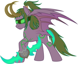 Size: 3963x3268 | Tagged: safe, artist:rusilis, blindfold, frown, glowing eyes, hoof hold, horns, illidan stormrage, ponified, simple background, spread wings, transparent background, warcraft, world of warcraft