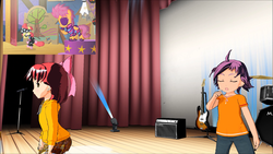 Size: 1920x1080 | Tagged: safe, artist:starhedgehog55, edit, edited screencap, screencap, apple bloom, scootaloo, human, g4, the show stoppers, clothes, dance x mixer, dancing, female, guitar, humanized, musical instrument, singing, skirt, spotlight, stage