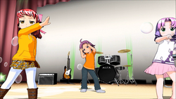 Size: 1920x1080 | Tagged: safe, artist:starhedgehog55, apple bloom, scootaloo, sweetie belle, human, g4, bass guitar, clothes, dance x mixer, dancing, drum kit, drums, guitar, humanized, musical instrument, singing, skirt, stage, stagelights