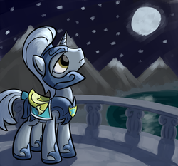 Size: 1200x1120 | Tagged: safe, artist:tggeko, pony, unicorn, armor, full moon, helmet, horn, looking up, male, moon, mountain, night, night sky, royal guard, sky, solo, stallion, starry night