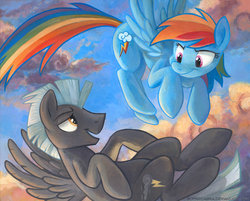 Size: 855x689 | Tagged: safe, artist:kenket, artist:spainfischer, rainbow dash, thunderlane, pegasus, pony, g4, backwards cutie mark, cloud, duo, female, looking at each other, male, mare, open mouth, sky, smiling, stallion