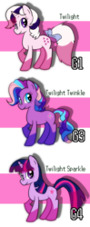Size: 700x1774 | Tagged: dead source, safe, artist:shufflestripes, twilight, twilight sparkle, twilight twinkle, g1, g3, g4, comparison, g1 to g4, g3 to g4, generation leap