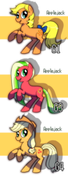Size: 700x1810 | Tagged: dead source, safe, artist:shufflestripes, applejack, applejack (g1), applejack (g3), g1, g3, g4, bow, comparison, g1 to g4, g3 to g4, generation leap, rearing, tail bow