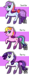 Size: 700x1810 | Tagged: dead source, safe, artist:shufflestripes, rarity, rarity (g3), sparkler (g1), g1, g3, g4, comparison, g1 to g4, g3 to g4, generation leap
