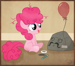 Size: 1340x1192 | Tagged: safe, artist:balloons504, pinkie pie, earth pony, pony, g4, balloon, crayon, cute, female, filly, happy, moustache, rock, sitting, solo, younger