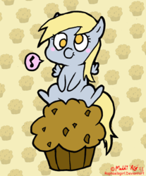 Size: 700x844 | Tagged: safe, artist:raphaelsgirl, derpy hooves, pegasus, pony, g4, blushing, chibi, cute, derpabetes, female, giant muffin, hnnng, mare, muffin, music notes, solo