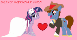 Size: 954x500 | Tagged: safe, artist:tigerprincesskaitlyn, twilight sparkle, oc, earth pony, pony, g4, canon x oc, clothes, cowboy hat, dress, flower, happy birthday, hat, heart, shipping