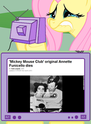 Size: 563x771 | Tagged: safe, fluttershy, human, g4, exploitable meme, fluttercry, implied death, irl, irl human, mickey hat, photo, sad, tv meme