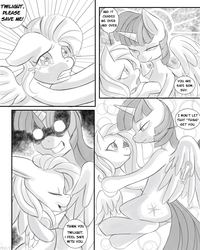 Size: 2800x3500 | Tagged: dead source, safe, artist:fauxsquared, fluttershy, twilight sparkle, alicorn, pony, g4, bedroom eyes, comic, crying, eye contact, female, floppy ears, glowing eyes, grin, gritted teeth, hug, laser pointer, lesbian, magic, mare, monochrome, scared, ship:twishy, shipping, smiling, telekinesis, twilight sparkle (alicorn)