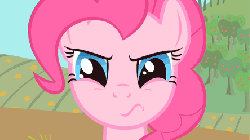 Size: 444x250 | Tagged: safe, screencap, applejack, pinkie pie, earth pony, pony, g4, party of one, season 1, animated, applejack is best facemaker, bad poker face, barn, female, floppy ears, frown, glare, gritted teeth, long neck, mare, nervous, shifty eyes, suspicious, wide eyes