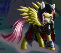 Size: 955x836 | Tagged: dead source, safe, artist:holsternicholson, artist:nyuuchandiannepie, color edit, edit, fluttershy, pegasus, pony, g4, assassin's creed, solo, trace