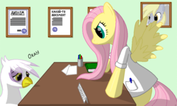 Size: 896x538 | Tagged: safe, artist:tg-0, derpy hooves, fluttershy, gilda, griffon, pegasus, pony, g4, diploma, doctor, female, mare, psychiatrist, russian, table, the stare
