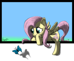 Size: 702x579 | Tagged: safe, artist:dragmodnotloc, fluttershy, butterfly, pegasus, pony, g4, breaking the fourth wall, female, mare, signature, simple background, solo, transparent background