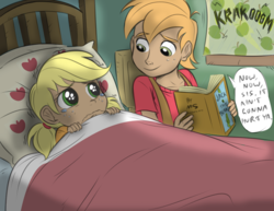 Size: 1347x1041 | Tagged: safe, artist:allosaurus, artist:megasweet, applejack, big macintosh, human, g4, bed, book, brother and sister, colored, crying, cute, duo, female, humanized, jackabetes, kids, lightning, macabetes, male, pigtails, shiny, siblings, thunder, younger