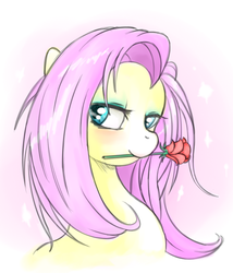 Size: 600x700 | Tagged: safe, artist:junker, fluttershy, pegasus, pony, g4, bedroom eyes, eyeshadow, female, flirting, looking at you, makeup, mouth hold, oh my, portrait, rose, solo