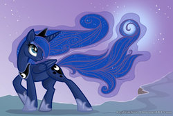 Size: 900x600 | Tagged: safe, artist:keyfeathers, princess luna, pony, g4, female, looking back, solo