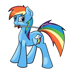 Size: 908x932 | Tagged: dead source, safe, rainbow dash, earth pony, pony, g4, earth pony rainbow dash, female, looking at you, mouth hold, race swap, solo, sword, wingless