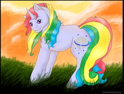 Size: 651x494 | Tagged: dead source, safe, artist:silvermoonbreeze, moonstone, pony, unicorn, g1, female, grass, horn, looking at you, looking back, looking back at you, mare, solo, standing, sunset