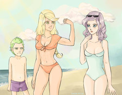 Size: 1400x1100 | Tagged: safe, artist:sashaalice, applejack, rarity, spike, human, g4, blushing, female, flexing, humanized, jealous, lesbian, ship:rarijack, shipping