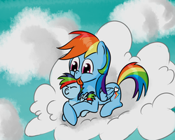 Size: 1280x1023 | Tagged: safe, artist:tggeko, rainbow dash, oc, pegasus, pony, g4, cleaning, colt, female, foal, licking, male, mare, momma dash, mother and son, offspring, parent:rainbow dash, parent:unnamed oc, parents:canon x oc, tongue out