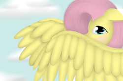 Size: 1024x674 | Tagged: dead source, safe, artist:glittersonyourface, fluttershy, pegasus, pony, g4, blushing, cloud, female, mare, sky, solo