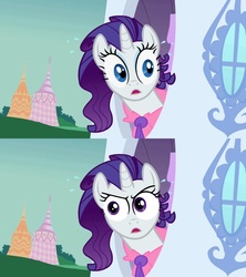 Size: 1136x1278 | Tagged: safe, edit, edited screencap, screencap, rarity, pony, g4, suited for success, bathrobe, clothes, female, robe, solo, special eyes, wide eyes, wrong eye color