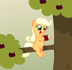 Size: 822x802 | Tagged: safe, artist:xxthatsmytypexx, applejack, g4, apple, filly, obligatory apple, tree, younger