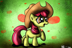 Size: 4491x3015 | Tagged: safe, artist:neko-me, apple bloom, earth pony, pony, g4, abstract background, adorabloom, applejack's hat, cowboy hat, cute, female, filly, hat, high res, solo, stetson