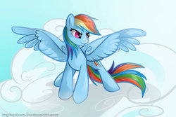 Size: 900x600 | Tagged: safe, artist:keyfeathers, rainbow dash, pegasus, pony, g4, cloud, female, looking sideways, mare, sky, solo, spread wings, wings