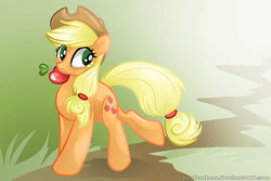 Size: 900x600 | Tagged: safe, artist:keyfeathers, applejack, earth pony, pony, g4, apple, female, mouth hold, obligatory apple, solo