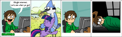 Size: 827x250 | Tagged: safe, twilight sparkle, bird, human, pony, unicorn, g4, comic, crossover, edd gould (eddsworld), eddsworld, female, male, mordecai, mordetwi, ohgodwhat, regular show, shipping, straight, the horror, the worst possible thing, why