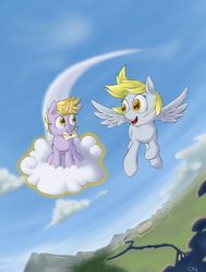 Size: 1325x1753 | Tagged: safe, artist:yeendip, derpy hooves, dinky hooves, pegasus, pony, g4, cloud, cloudy, equestria's best mother, female, flying, kinto'un, magic, mail, mare, mouth hold