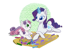 Size: 3264x2291 | Tagged: safe, artist:eggsammich, rarity, sweetie belle, g4, crayon, drawing, magic, sisters