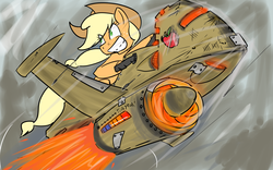 Size: 1920x1200 | Tagged: safe, artist:acharmingpony, applejack, earth pony, pony, g4, action pose, aircraft, female, flying, jet, riding, solo