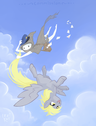 Size: 535x700 | Tagged: safe, artist:izzikat, derpy hooves, pegasus, pony, g4, cloud, cloudy, crossover, female, flying, happy, hat, homestuck, letter, mail, mailbag, mailmare hat, mare, peregrine mendicant, sky, tail, tail pull, upside down, wanderer