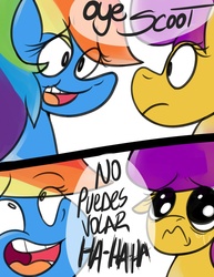 Size: 900x1165 | Tagged: safe, rainbow dash, scootaloo, g4, scootabuse, spanish, translated in the comments, trolling