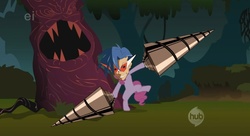 Size: 1177x642 | Tagged: safe, edit, edited screencap, screencap, pinkie pie, earth pony, pony, friendship is magic, g4, season 1, ei, hub logo, kamina, laughter song, logo, parody, scary tree, song reference, tengen toppa gurren lagann, the hub, tree