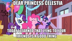 Size: 960x545 | Tagged: safe, edit, edited screencap, screencap, pinkie pie, rarity, twilight sparkle, g4, party of one, balloon, caption, image macro