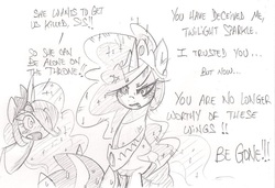 Size: 1272x870 | Tagged: safe, artist:skutchi, princess celestia, princess luna, twilight sparkle, alicorn, pony, g4, female, mare, monochrome, twilight sparkle (alicorn)