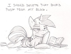 Size: 737x562 | Tagged: safe, artist:skutchi, twilight sparkle, pony, g4, bandage, book, dialogue, female, grayscale, prone, sketch, solo, traditional art