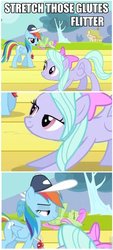 Size: 435x960 | Tagged: safe, flitter, merry may, rainbow dash, g4, bedroom eyes, image macro, stretching