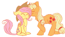 Size: 1280x723 | Tagged: safe, artist:desi, applejack, fluttershy, earth pony, pegasus, pony, g4, accessory swap, cute, duo, female, lesbian, ship:appleshy, shipping, sketch