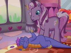 Size: 640x480 | Tagged: safe, screencap, master kenbroath gilspotten heathspike, wysteria, dragon, earth pony, pony, g3, the princess promenade, claws, eyes closed, female, floor, hill, lying down, male, mirror, nap, pointing, princess wysteria, royalty, sleepy, teal eyes, tree, two toned mane, two toned tail, window