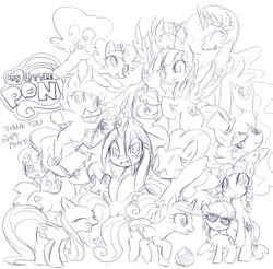 Size: 1000x985 | Tagged: safe, artist:kolshica, applejack, babs seed, bon bon, doctor whooves, fluttershy, granny smith, pinkie pie, princess cadance, princess celestia, queen chrysalis, sapphire shores, scootaloo, screwball, silver spoon, sweetie drops, time turner, twilight sparkle, alicorn, earth pony, pegasus, pony, unicorn, g4, adorababs, adorabon, adorasmith, blushing, bon bon is not amused, cute, cutealis, cutedance, dancing, doctorbetes, elderly, female, filly, glasses, male, mare, monochrome, my little pony logo, scooter, silverbetes, simple background, sitting, stallion, standing, teen princess cadance, teenager, tongue out, twilight sparkle (alicorn), white background, yay, younger