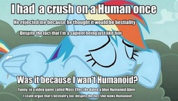 Size: 680x386 | Tagged: safe, rainbow dash, g4, bronybait, human fetish, image macro, sad