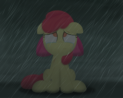 Size: 2500x2000 | Tagged: safe, artist:dtcx97, apple bloom, earth pony, pony, g4, crying, dark background, female, filly, foal, injured, looking up, rain, sad, sitting